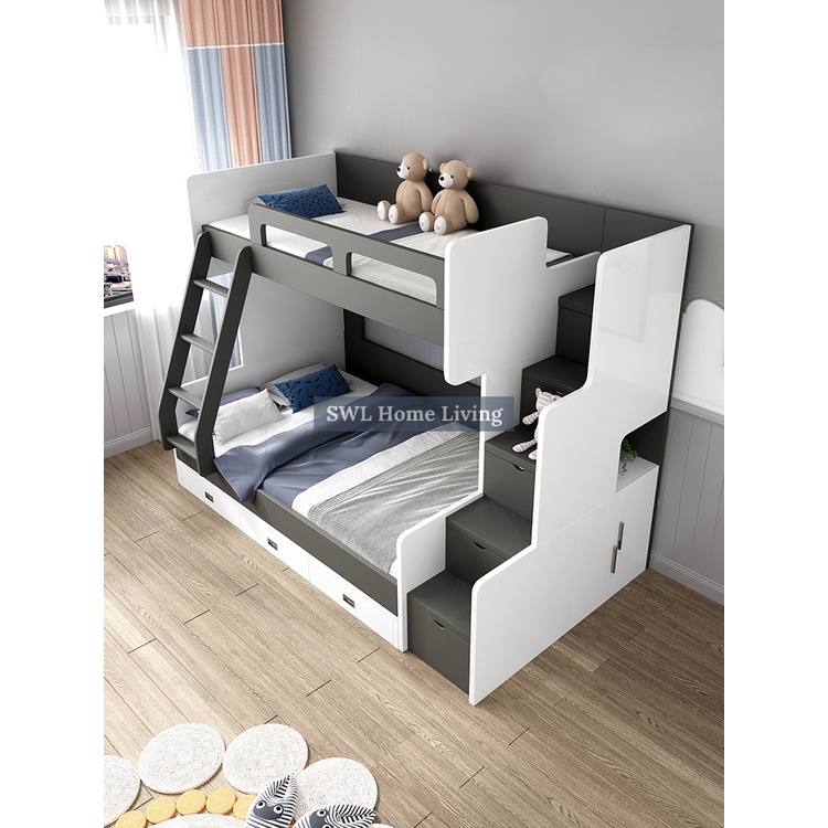 [Pull Out Bed] Nordic Double Decker Bunk Bed Children Parent Double ...
