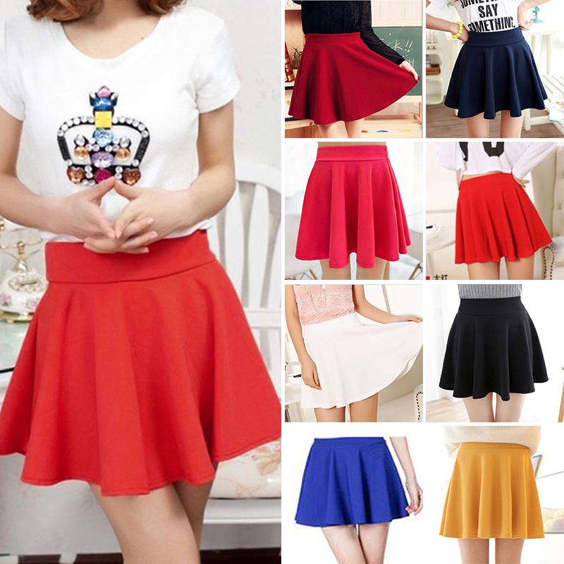 Fashion Women's Stretch Waist Plain Skater Flared Pleated Mini Skirt New