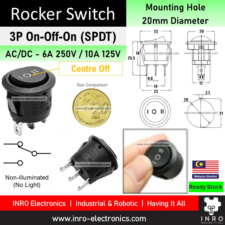 [AC DC] 2 Pin / 3 Pin Round Rocker Switch AC 240V SPST / SPDT On-Off-On ...