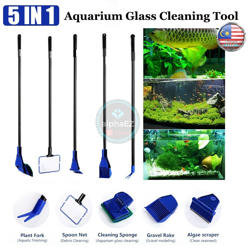 5 in 1 Aquarium Tools Cleaning Set Kit Fish Tank Algae Scraper Fish Net