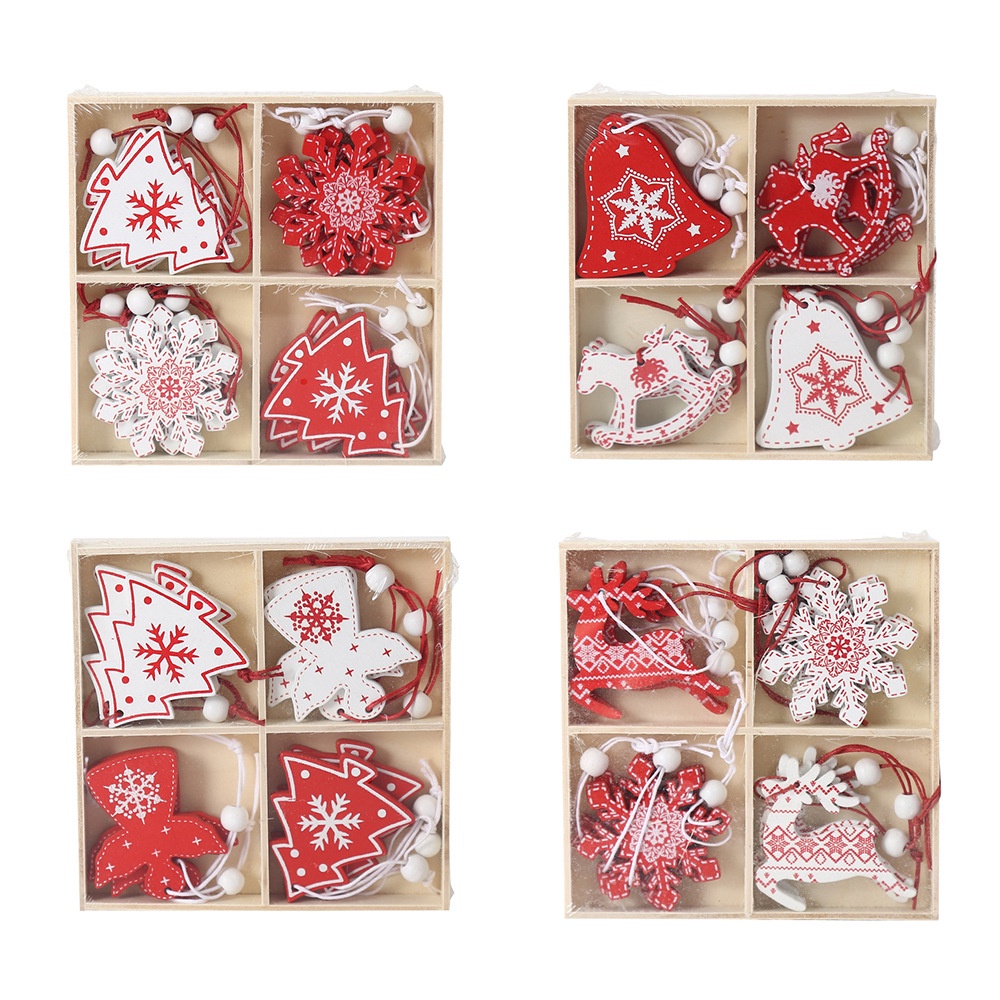 Zerolife Wooden Christmas Ornaments Red White Star Snowflake Printed ...