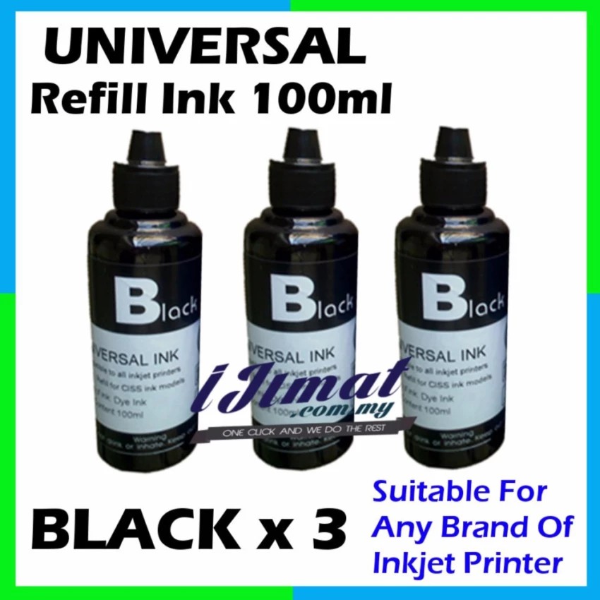 3x BLACK UNIVERSAL Inkjet Printer Refill dye Ink 100 ml Any HP, Canon ...
