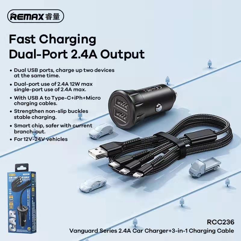 REMAX RCC236 Vanguard Series 2.4A Car Fast Charger + 3 In 1 Charging ...