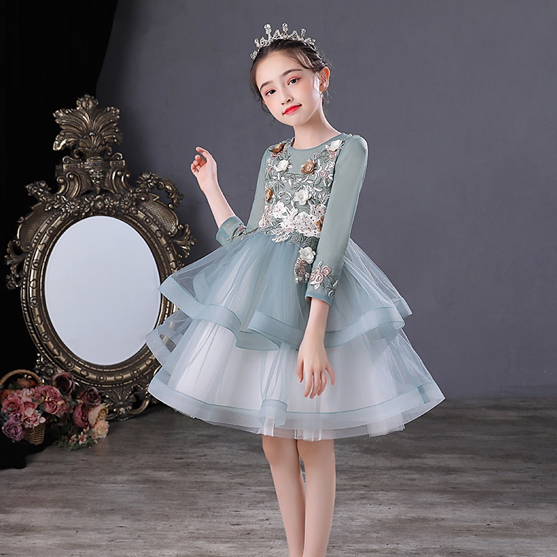 Silver Fluffy Dresses For Kids High Neck Sleeveless Girl Party