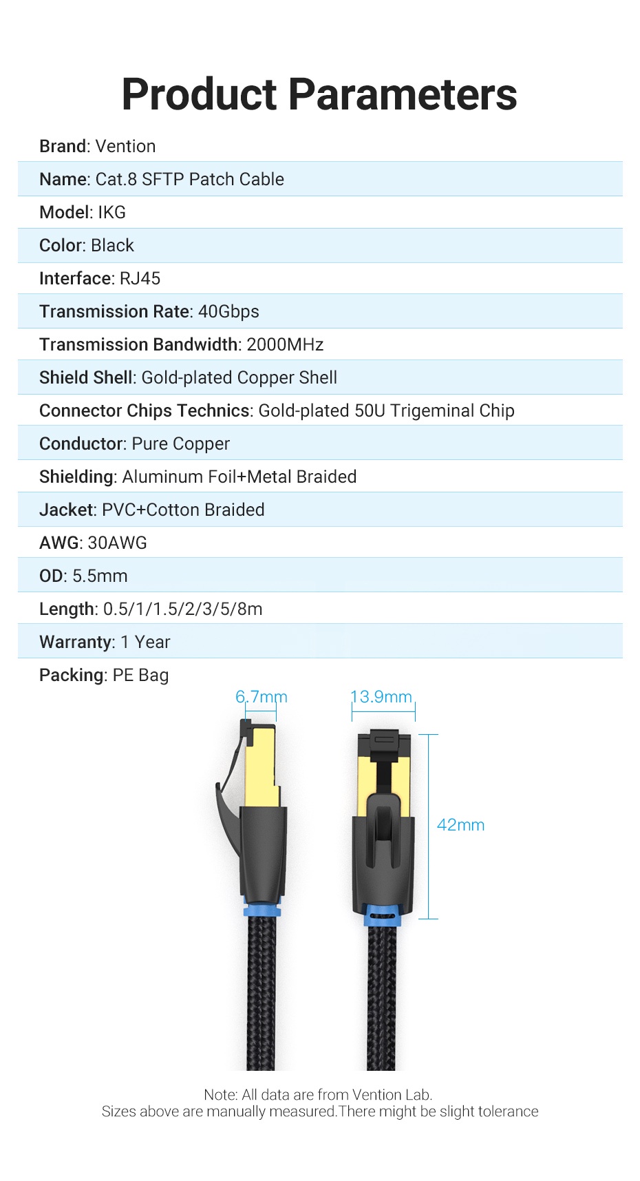 Câble Ethernet Vention Cat.8 5m – RJ45, 40Gbps, 2000Mhz, SFTP, Haute Vitesse