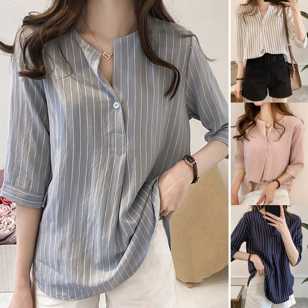 Baju Blause Wanita Korean Style Women Plus Size Stripe Blouse Half ...