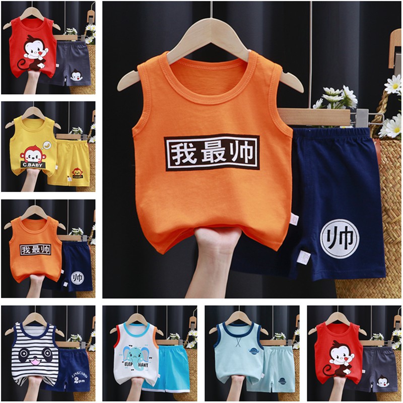 Xiaozhima Boy Girl Clothes Sets Suits Summer Baby Toddler Short Sleeve  T-Shirt Vest Tops Kids Shorts Pants Two-piece Suits Set Fit 0 1 2 3 4 5 6  Years Old