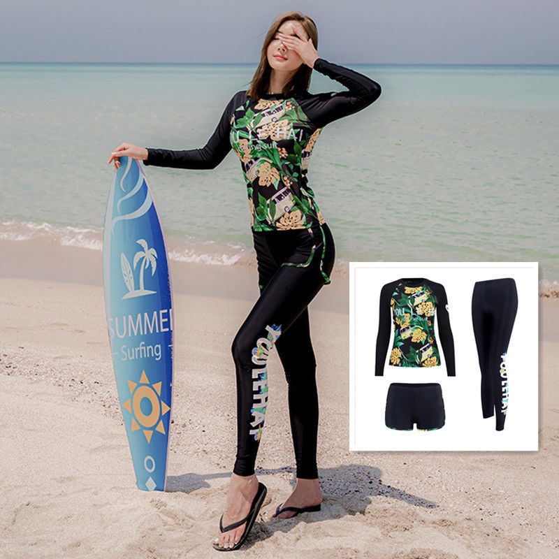 Women Rashguards Long Sleeves Long Trunks Set Water Sports Swimsuit