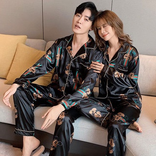 Men Women SIZE M-5XL GUCCI LV Ins Couple Satin Ice Silk Set Long Sleeve  Pyjamas Long Pants Pajamas Baju Tidur