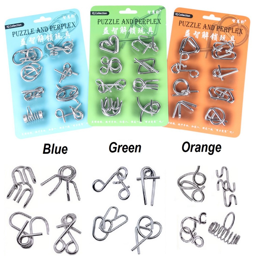 8pcs ~ Blue, Orange, Green & 3in1 Metal Puzzle, Metal Wire Puzzle IQ ...