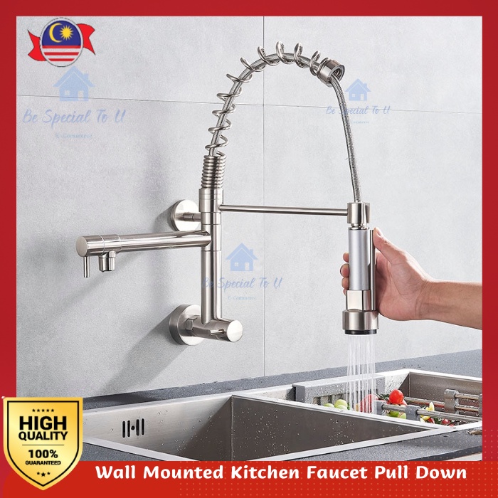 Spring Pull Down Wall Mounted Kitchen Faucet Pull Down Sprayer Dual Spout Single Cold Water