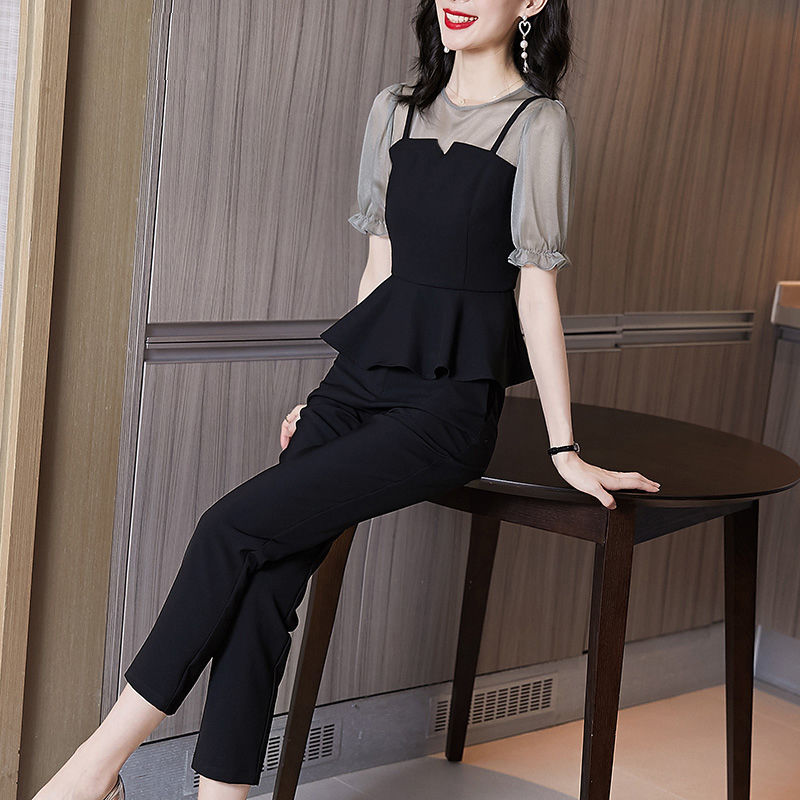 2PCs Women Office Lady Set Wear Korean Fashion Chiffon Shirt and