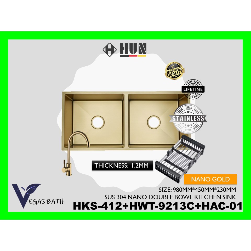 [PACKAGE]HUN HKS412-GOLD DOUBLE SINK + HWT-9213C PILLAR SINK TAP ...