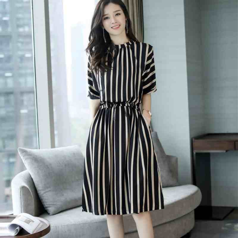 Fashion Elegant Vertical Striped Short Sleeve Split Korean Women Dress ...