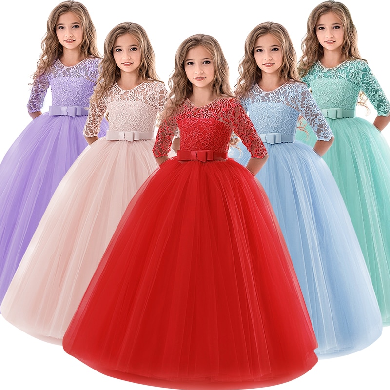 6 14 Years Flower Lace Dress Girls Clothes Princess Party Pageant Long Gown Kids Dresses for Girls Wedding Evening Clothing Shopee Malaysia