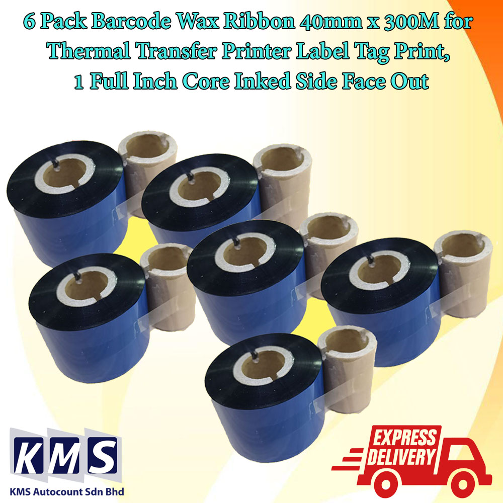 6 Pack Barcode Wax Ribbon 40mm x 300M for Thermal Transfer Printer ...