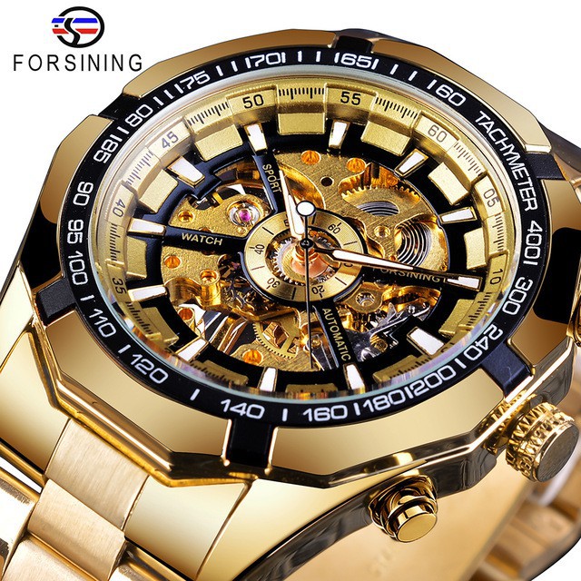 Forsining Sport Skeleton Stainless Steel Men Watch Automatic