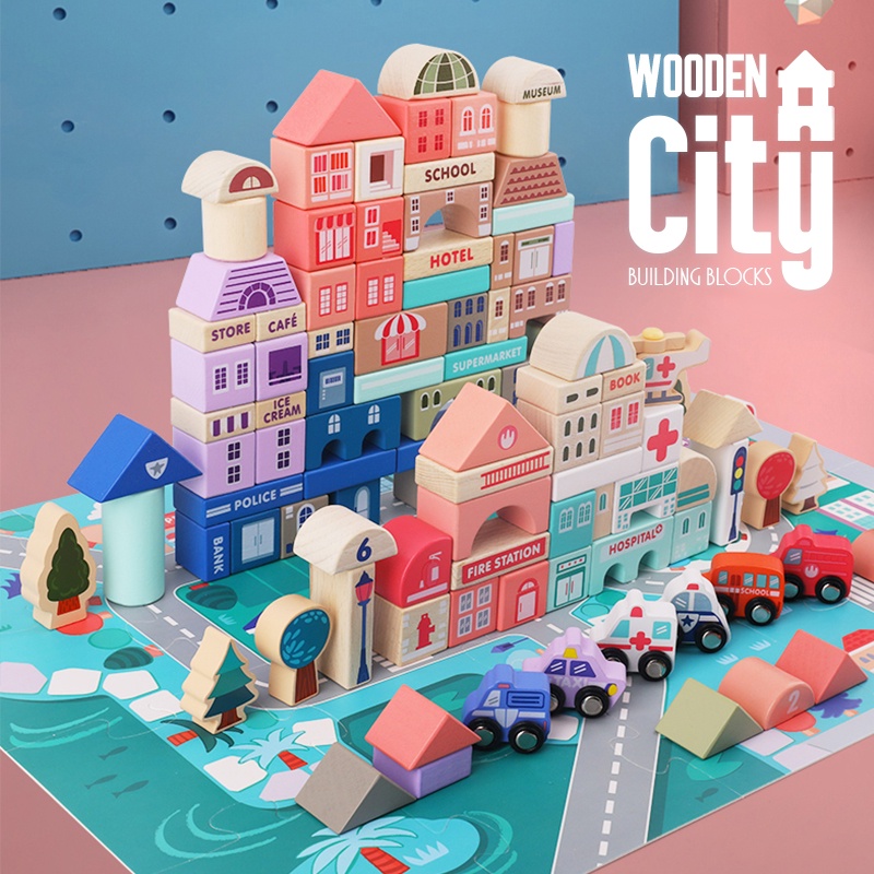 115+20 Pcs City Wooden Building Blocks Set/ Alphabet, Numbers ...