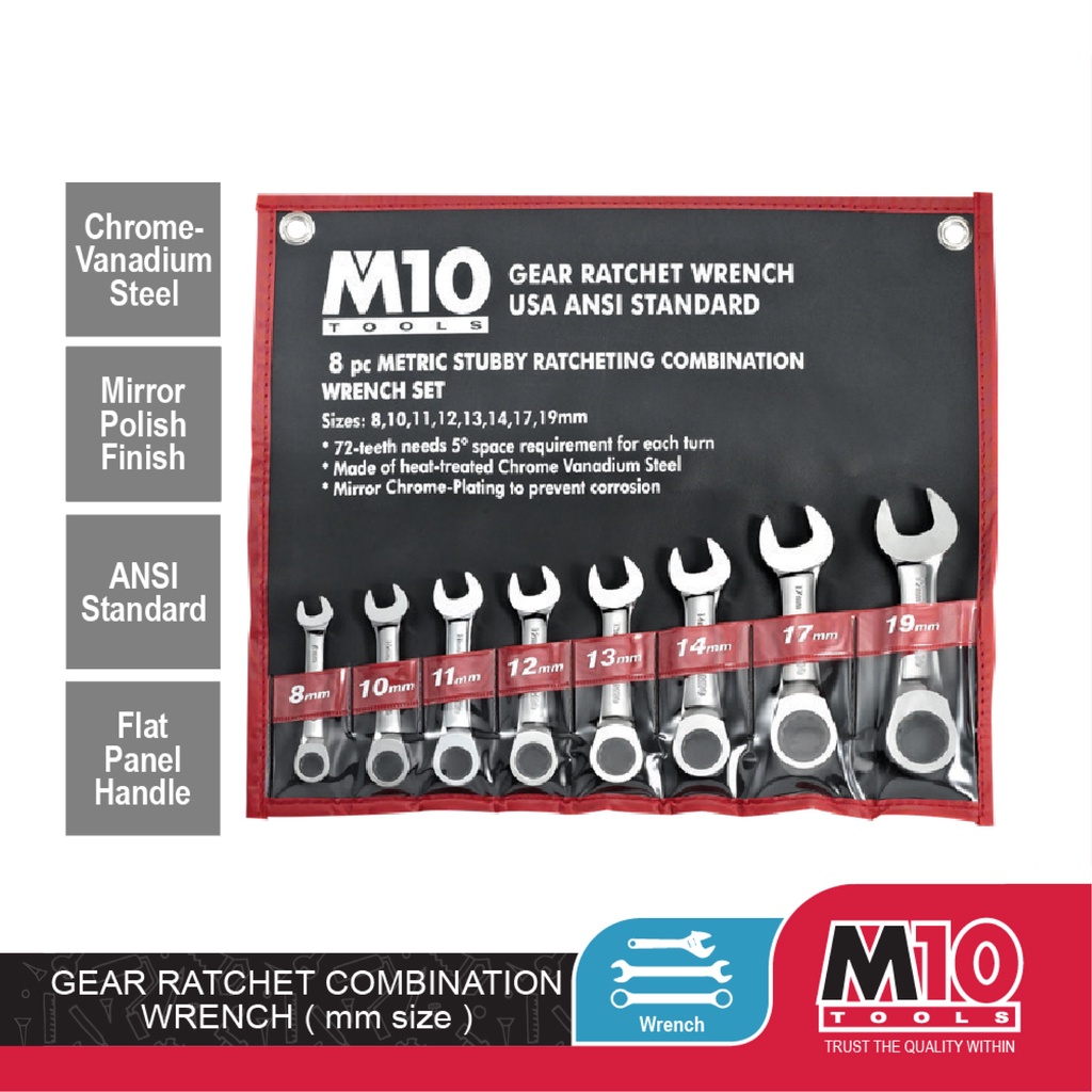 M10 Empty Bag for 8 pcs Stubby Gear Ratchet Combination Wrench Set