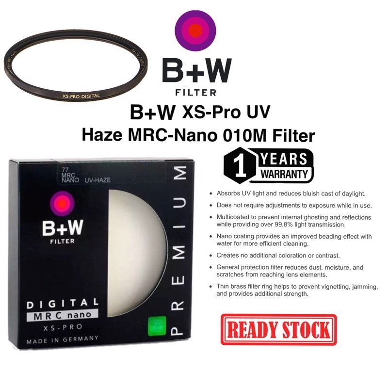 B+W XS-PRO UV HAZE MRC NANO 010M SUPER CLEAR COATING FILTER 43mm 49mm ...