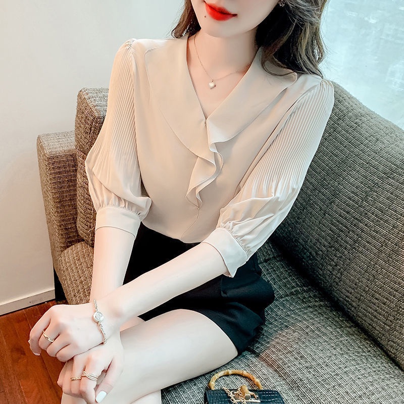 V Neck Chiffon Shirt Women Short Sleeved Summer Dress 2023 New Style Fashion Shirt Women Summer 