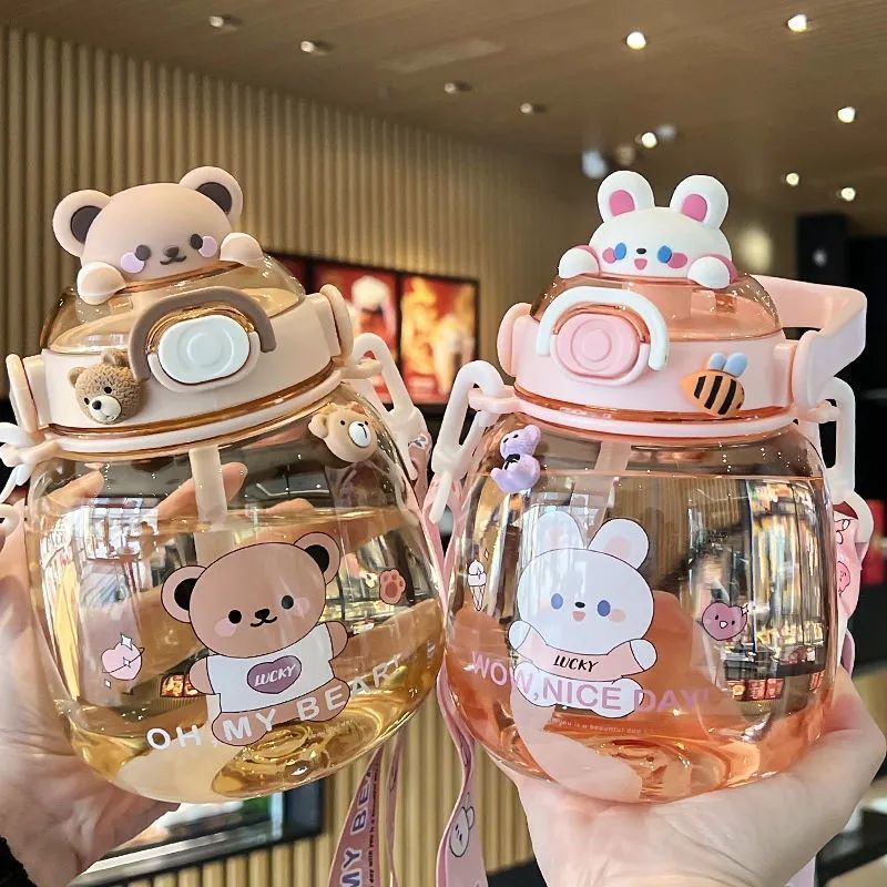 1200ml Cute Bear Big Belly Water Bottle Kid Tumbler With Straw Large ...