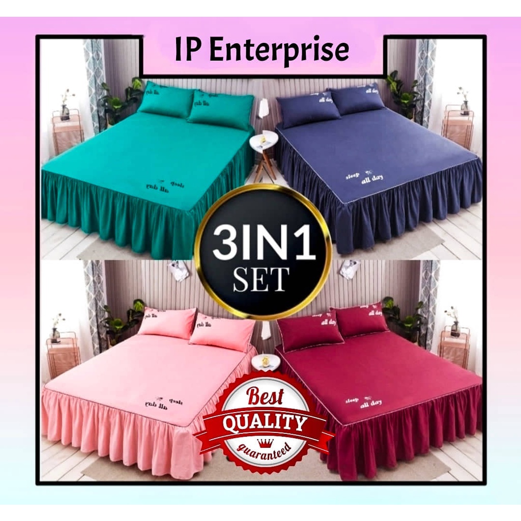3 IN 1 Cotton Bed Skirts Set Elastic Twin Queen King Size Bedsheet with