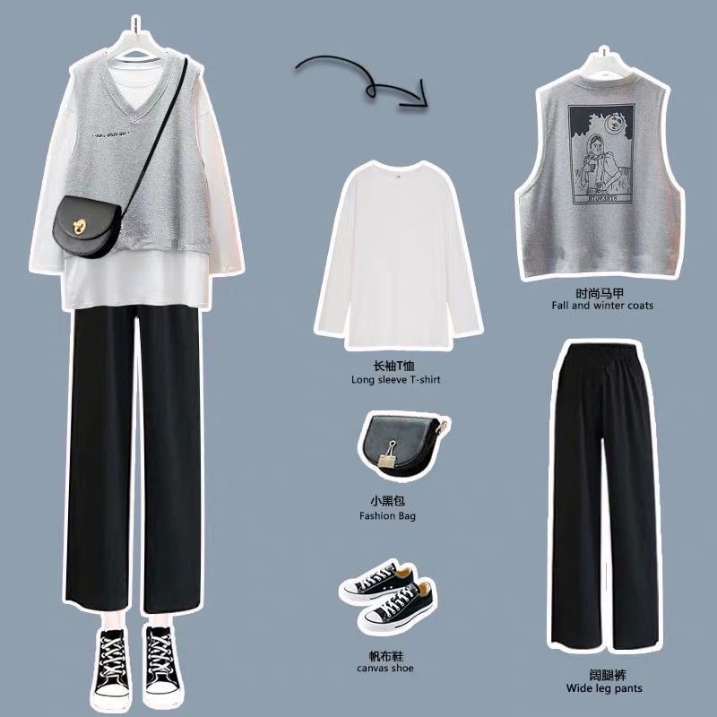 3PCS / Single [Shirt + Vest + Pants] Set Wear Female Students Spring /  Autumn New Korean Loose Thin Long Sleeve T-shirt Fashion Vest Wide Leg Pants