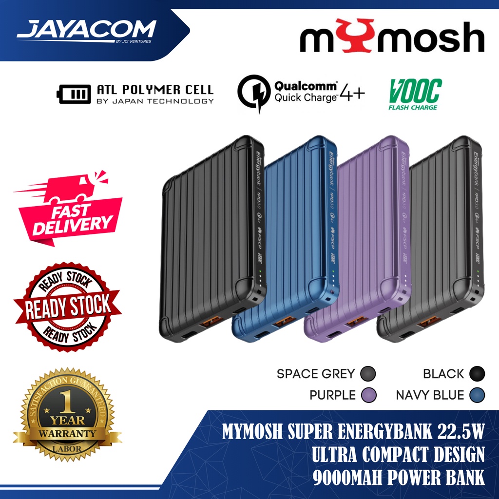 Mymosh Super EnergyBank 22.5W Ultra Compact Design 9000mAh Power Bank  (Black / Navy Blue / Purple / Space Grey)