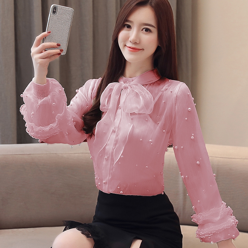 E-Scenery Blouse & Tops Women's Elegant Chiffon Lace Up Solid Long Sleeve  Bow Tie Blouse Shirts Tunic Tops T Shirt X-Large Pink : : Fashion