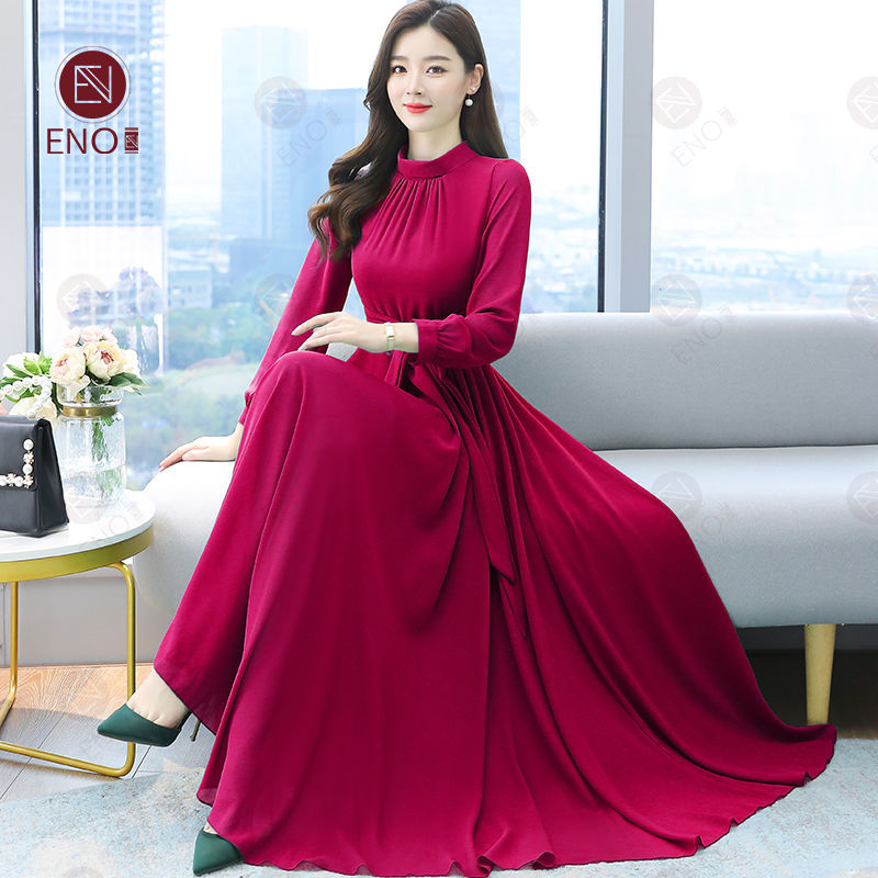 ENO Plus Size Women's Dress Solid Color Chiffon Dress Over the Knee ...