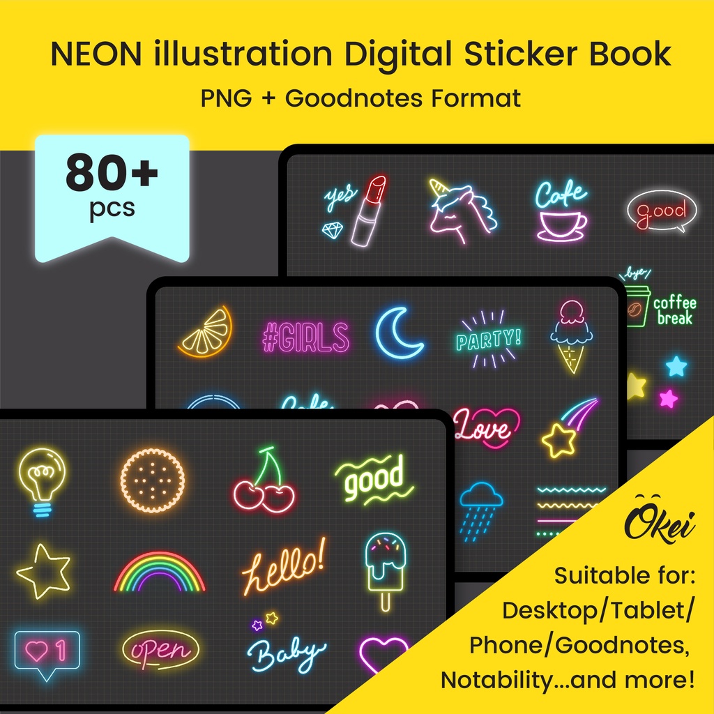 Neon Style Illustration Digital Sticker Book, GoodNotes&PNG for any ...