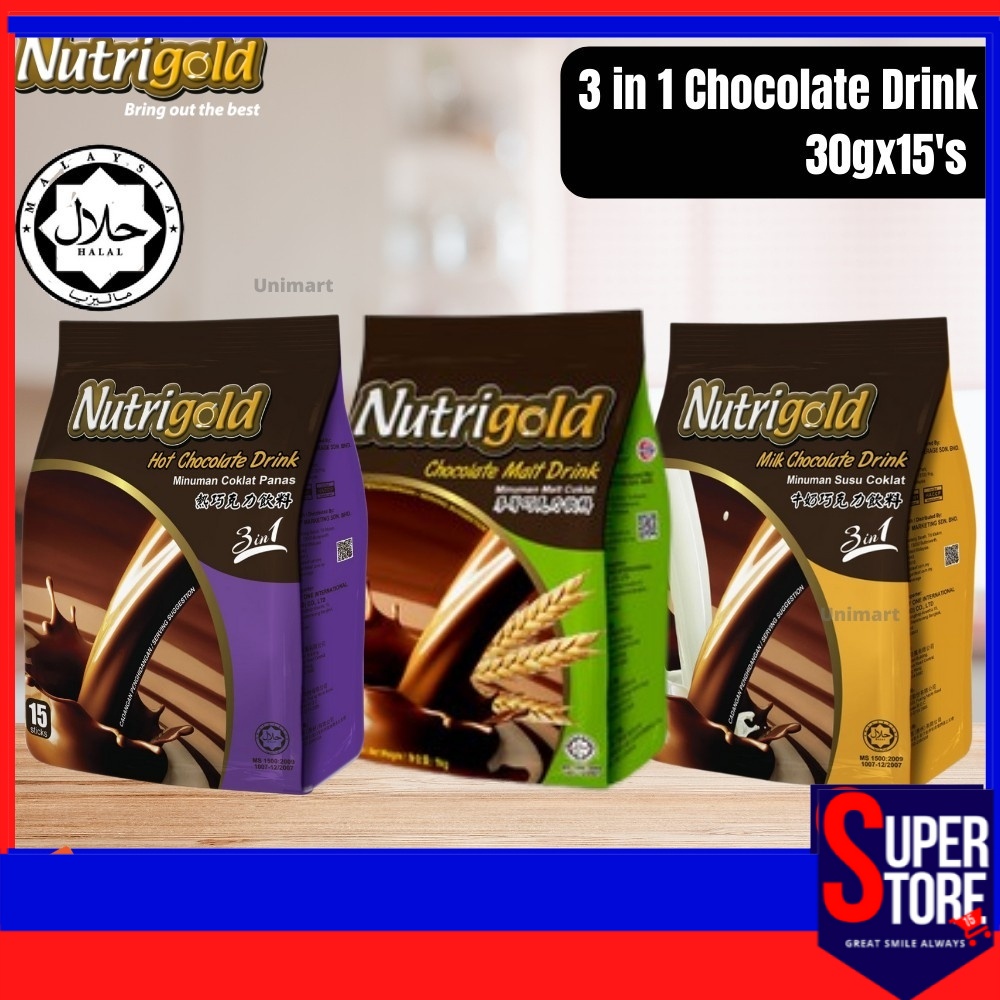 [HALAL] Nutrigold 3 in 1 Chocolate Drinks (30g x 15's) Hot Malt Milk