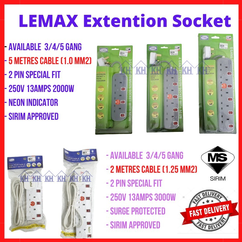 SIRIM APRROVED AMG Extension Socket With 2Meter /5 Meter {2 Pin DIrect ...