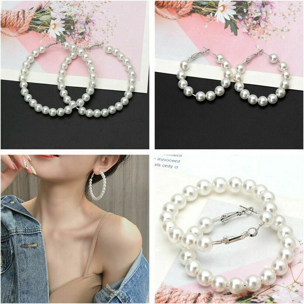 Elegant White Pearls Hoop Earrings Women Oversize Pearl Circle Fashion