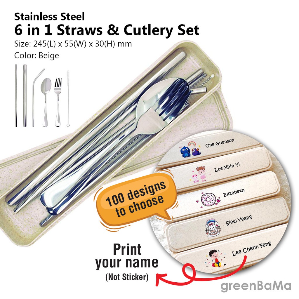 Spoon & Fork & Straws Stainless Steel 6in 1 Cutlery Set with