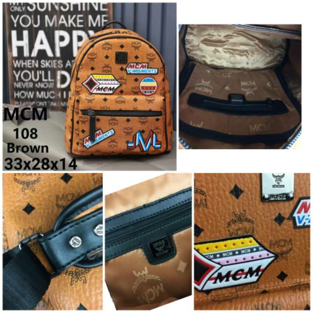 Handbag perempuan MCM Strack Victory Patch Backpack Code 108 Color Brown Hitam Material PU Leather Shopee Malaysia