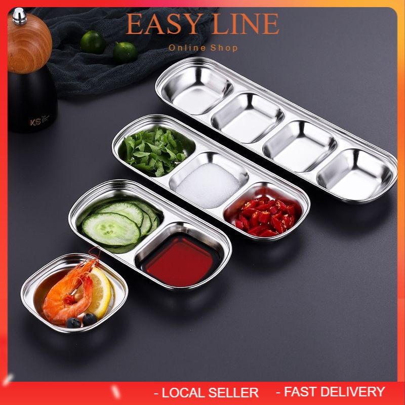 Sauce Dish Stainless Steel Soy Sushi Dipping Bowls Seasoning Dishes Appetizer Serving Tray For Home Restaurant 4 Compartment