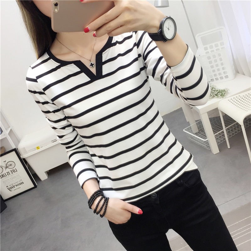 t Shirt Women Long Sleeve V Neck Korean Fashion Tops Stripe T