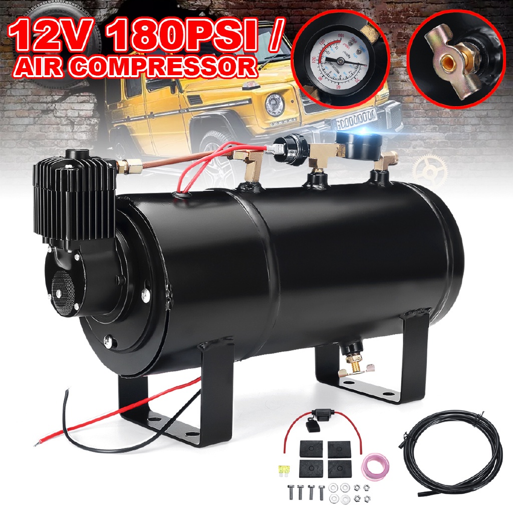 Truck Car Air Compressor 180 PSI Pressure Gauge 4 Liters Tank Kit Air