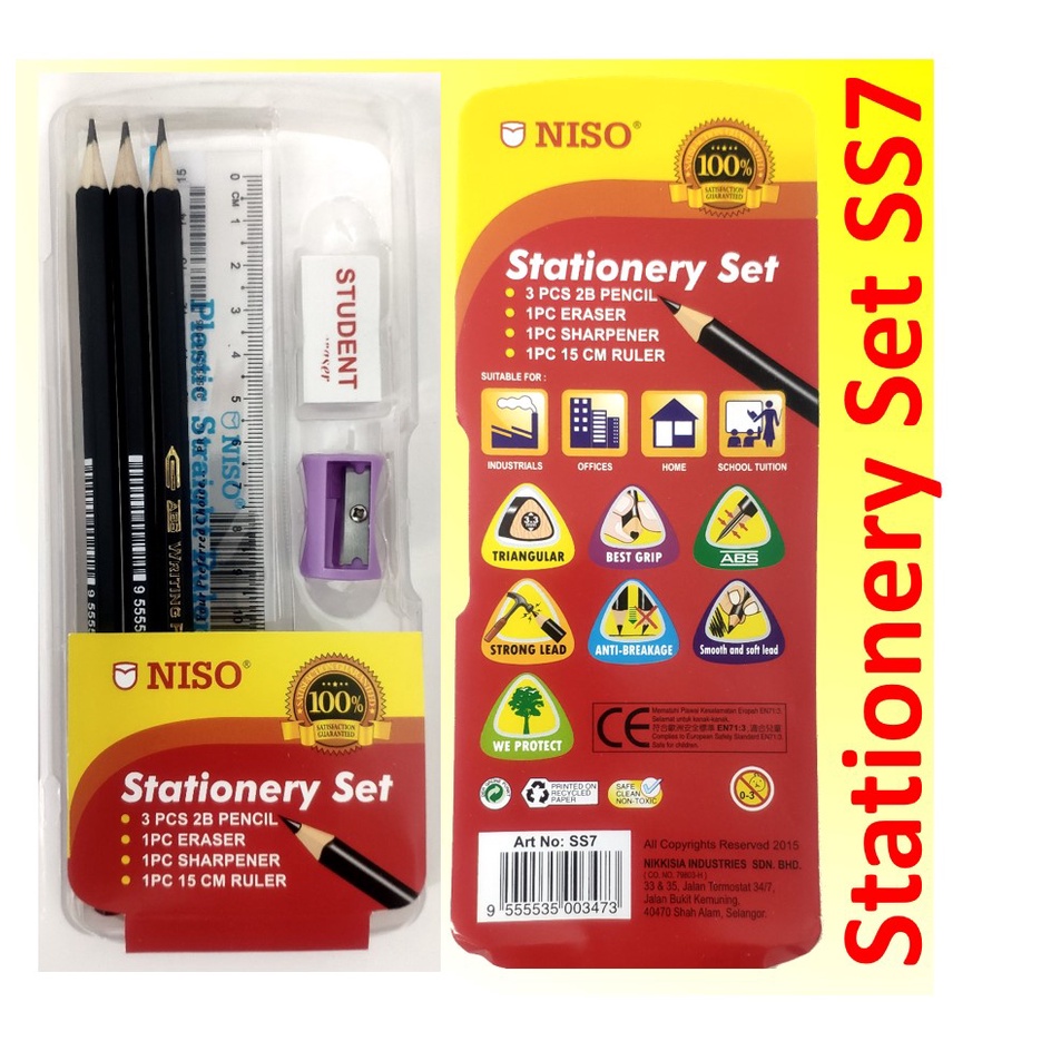 Niso Stationery Set SS7 2B pencils Eraser Ruler Sharpener Plastic Pencil Case Shopee Malaysia