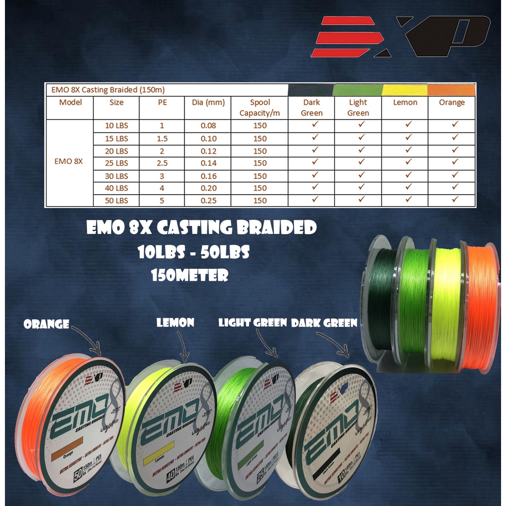 🔥🔥🔥 EXP EMO 8x Casting Braided Line 150m (PE 1.5 - PE5) [READY STOCK]  [FASTEST SHIPPING]