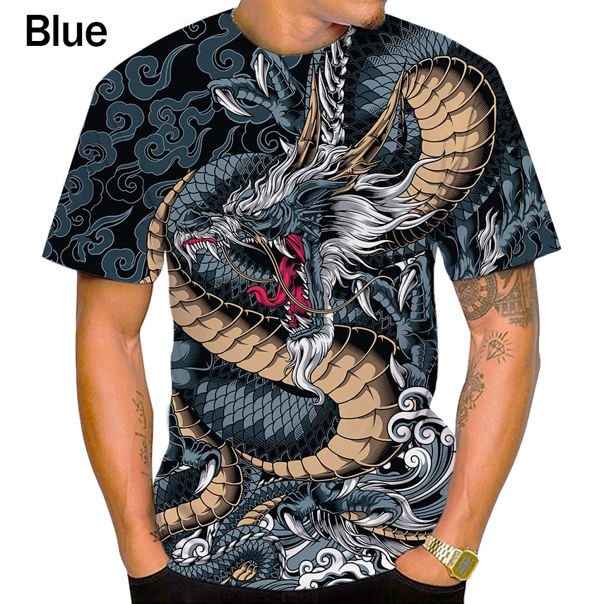 Summer Trend Fashion New 3D Printing Dragon T-shirt men Casual Round ...