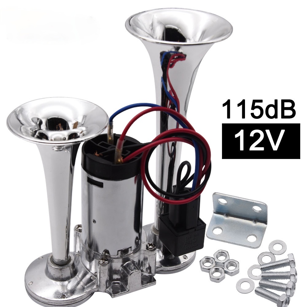 12V Car Air Horn Compressor 110-135dB Super Loud Dual Car Trumpet Train ...