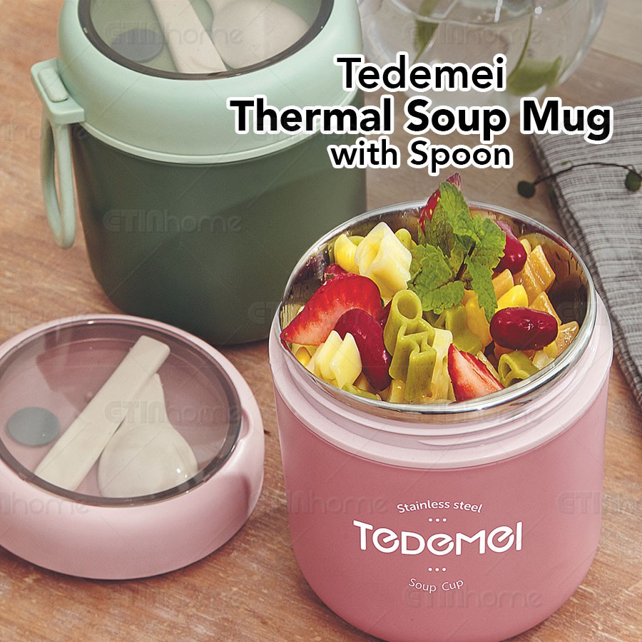 Stainless Steel Thermal Food Jar Tedemei 530ml Soup Mug with Spoon Insulated Lunch Box Breakfast