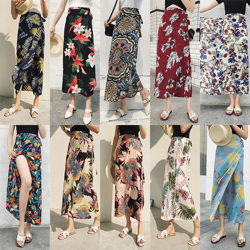 Women Bohemia Floral Chiffon Skirt Holiday Beach Tie High Waist One Piece Skirt Shopee Malaysia 9824