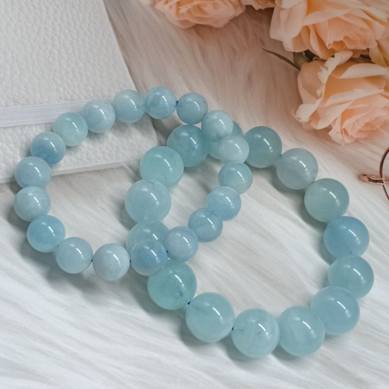 Natural Russia Aquamarine Crystal Bracelet * 9 10 11 12mm * 天然俄罗斯海蓝宝水晶手 ...