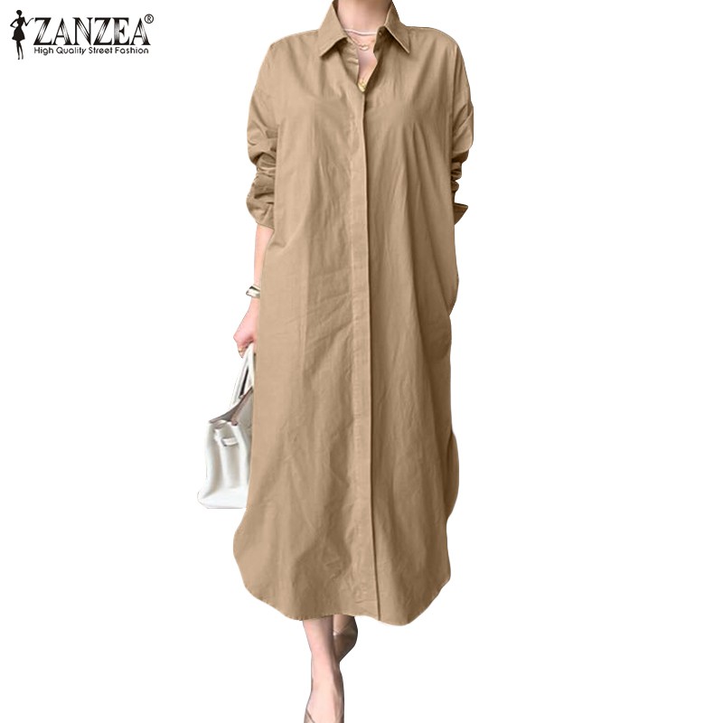 ZANZEA Women Vintage Retro Casual Solid Turn Down Collar Long Dress ...