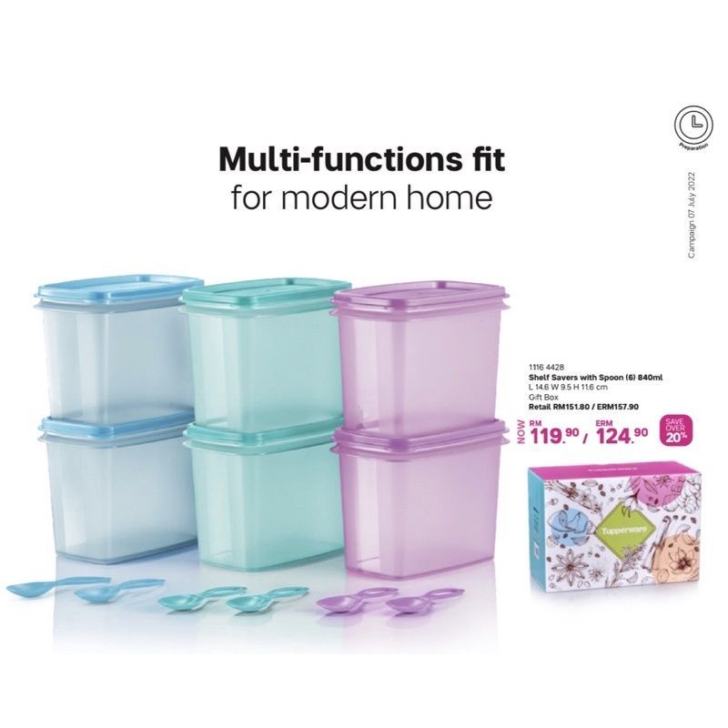 Tupperware (6 Pcs + 6 Spoons with Box) Shelf Savers with Spoon 840ml ...