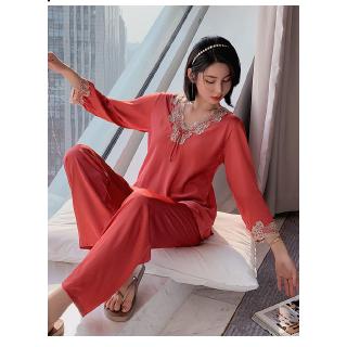 Ice Silk Women's Long Sleeve Suit Pyjamas Lace Sexy Loose Pajama Set